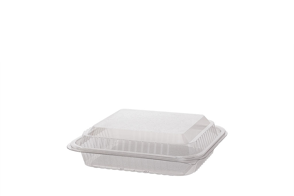 Salatschale flach, Klappschale, angehängter Deckel, transparent, rechteckig, 19,5 x 22 x 6,5 cm